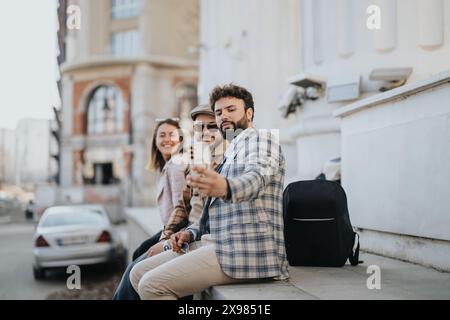 Young business associates using smart phone together outdoors in city downtown area. Stock Photo