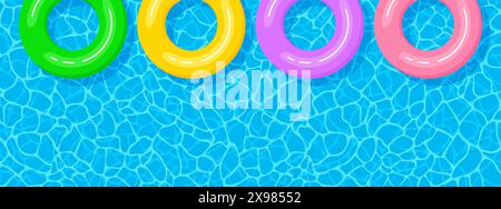 Summer swimming pool banner with copy space. Set of multicolored inflatable circles floating on the water surface. Vector illustration in flat style Stock Vector