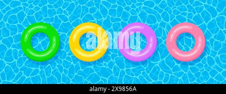 Summer swimming pool banner. Set of multicolored inflatable circles floating on the water surface. Vector illustration in flat style Stock Vector