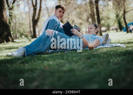 College students studying and relaxing in a sunny park Stock Photo