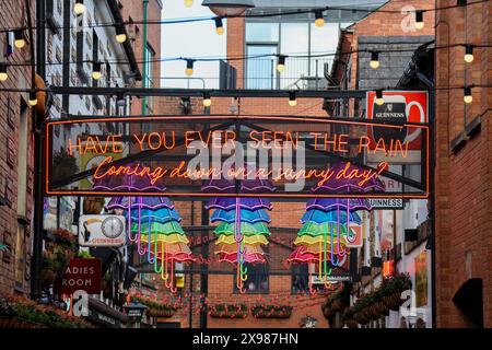 Suspended umbrella art street display outside Belfast pub The Duke of York Commercial Court Cathedral Quarter Belfast. Stock Photo