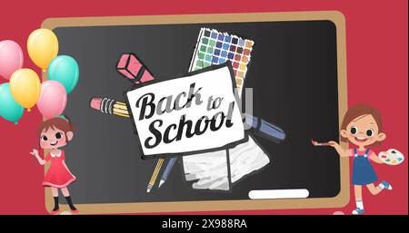 Image of two school girls icon and back to school text banner against chalkboard Stock Photo