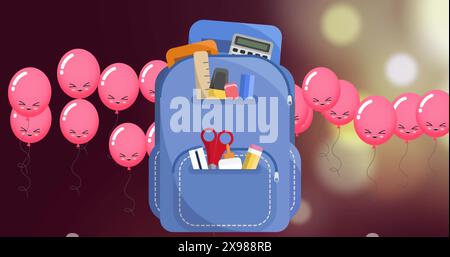 Image of school bag icon and pink balloon icons against spots of light Stock Photo