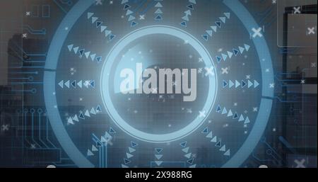 Image of round scanner and microprocessor connections against aerial view of cityscape Stock Photo