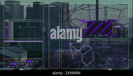 Image of interface with data processing against aerial view of cityscape Stock Photo