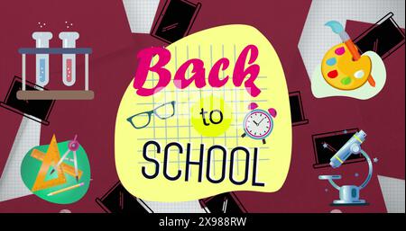 Image of back to school text banner and school concept icons against laptop icons falling Stock Photo