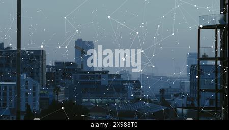 Image of interface with data processing and network of connections against view of cityscape Stock Photo