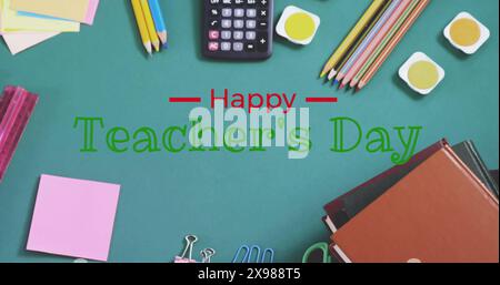 Image of happy teachers day text banner against school equipment on green surface Stock Photo