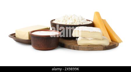 Different fresh dairy products isolated on white Stock Photo