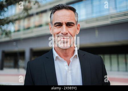 Close up individual portrait of one confident mature business man standing at workplace looking at camera. Successful middle aged white collar worker smiling and staring front. Caucasian male lawyer. High quality photo Stock Photo