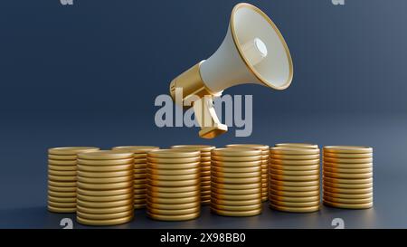 3d rendering of a megaphone and gold coins isolated on the white background Stock Photo