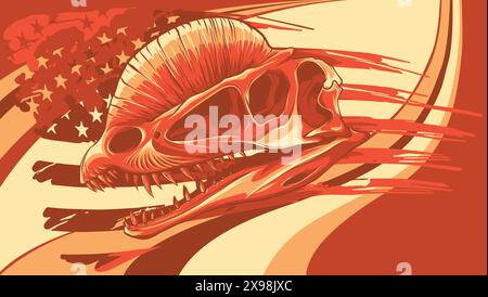 Dilophosaurus dinosaur skull fossil with american flag Stock Vector