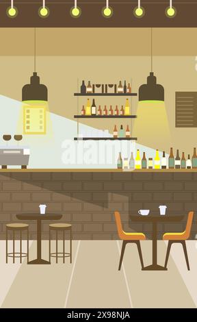 Indoor Interior Landscape in Cafe Coffee Shop with Brick Bar and Chair Table for Customer Stock Vector