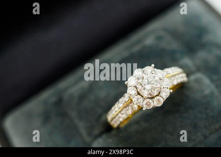 close up luxury wedding diamond ring in jewelry gift box Stock Photo