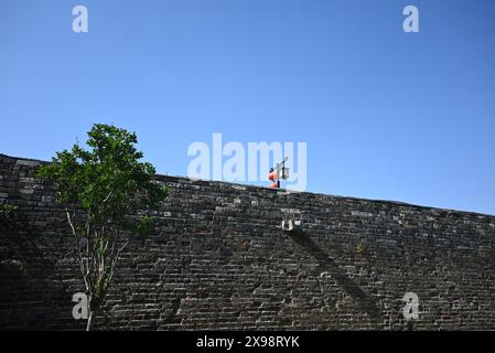 ancient wall with lanterns in sunny afternoon under blue sky in Nanjing Stock Photo