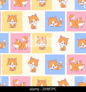 Seamless pattern with cute cats on colorful square background. Funny cartoon kawaii pet. Vector illustration. Kids collection Stock Vector