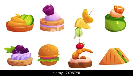 Buffet finger food collection - canape, mini burger and sandwich, bruschetta and tartlets with cream and fruits, meat and fish, shrimp and cheese. Cartoon vector set of starter appetizer and snack. Stock Vector