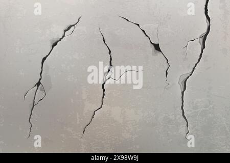 Cracked concrete wall texture. Vector realistic illustration of ground fracture after earthquake, abstract black hole in cement wall, grungy interior design element, old building ruin, damaged stone Stock Vector
