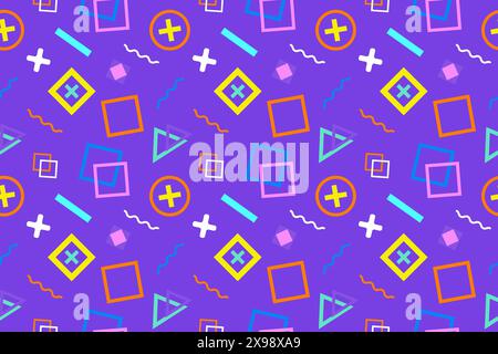Vibrant seamless Memphis pattern with geometric shapes. Perfect for backgrounds, textiles, wallpapers, and trendy designs. Bold and playful. Stock Vector