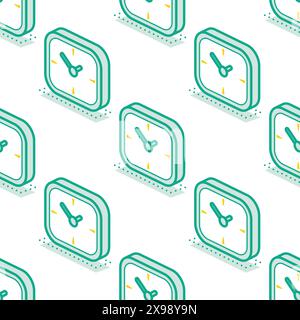 Isometric seamless pattern with row of clocks. Vector illustration. Objects isolated on white background. Stock Vector