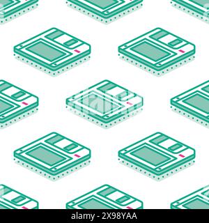 Isometric Floppy Magnetic Disk Seamless Pattern. Vector Illustration. Diskette on white Background. Retro Electronic Storage Device. Concept 80s and 9 Stock Vector