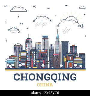 Outline Chongqing China City Skyline with Colored Modern and Historic Buildings Isolated on White. Vector Illustration. Chongqing Cityscape. Stock Vector