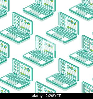 Isometric seamless pattern with row of laptops. Vector illustration. Objects isolated on white background. Stock Vector