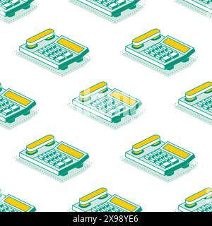 Isometric seamless pattern with row of office telephones. Vector illustration. Objects isolated on white background. Stock Vector