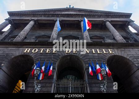 Exterior view of the city hall of Clermont-Ferrand, France, a town located in the department of Puy-de-Dôme, in the Auvergne-Rhône-Alpes region Stock Photo