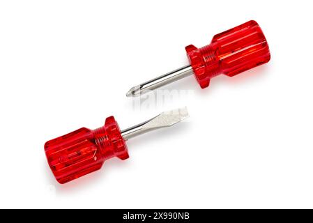 Miniature short-handled screwdrivers with red handle, isolated in white background Stock Photo