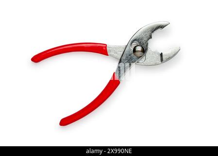 Open slip joint pliers with red handles, anti-magnetic titanium, isolated on white background Stock Photo