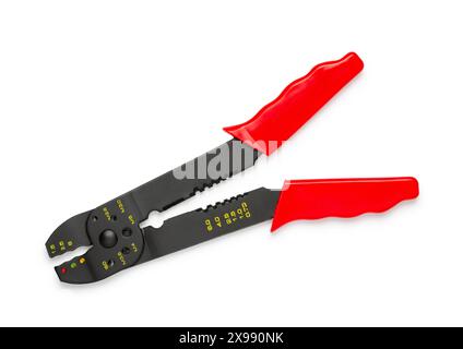 Universal crimping / stripping pliers with red handles, isolated on white background Stock Photo