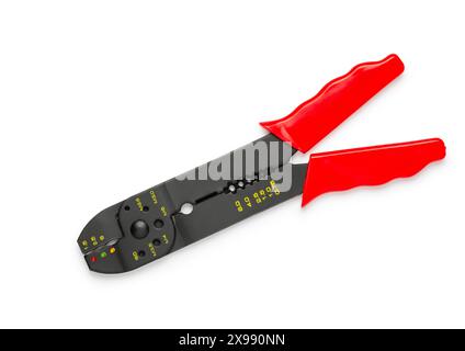 Universal crimping / stripping pliers with red handles, isolated on white background Stock Photo