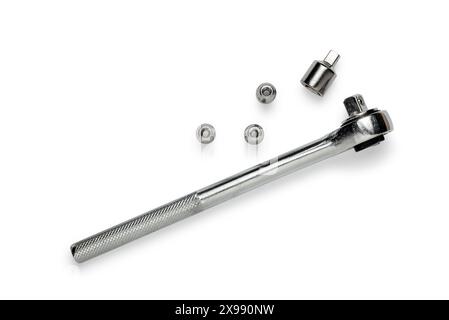 Multi purpose combination iron socket wrench, with accessories,  isolated on white background Stock Photo