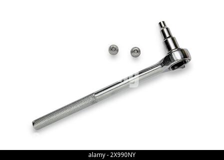 Multi purpose combination iron socket wrench, with accessories,  isolated on white background Stock Photo