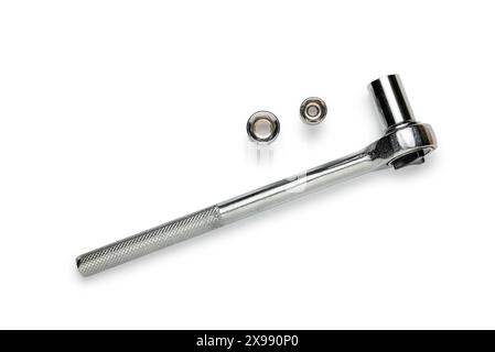 Multi purpose combination iron socket wrench, with accessories,  isolated on white background Stock Photo