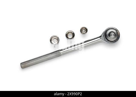 Multi purpose combination iron socket wrench, with accessories,  isolated on white background Stock Photo