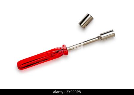 Socket wrench screw driver with red handle, metal hex nut key, hand tool screwdriver, with accessories isolated on white background Stock Photo