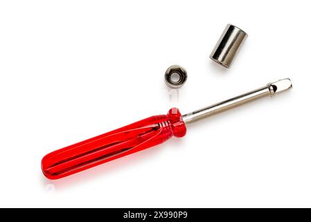 Socket wrench screw driver with red handle, metal hex nut key, hand tool screwdriver, with accessories isolated on white background Stock Photo