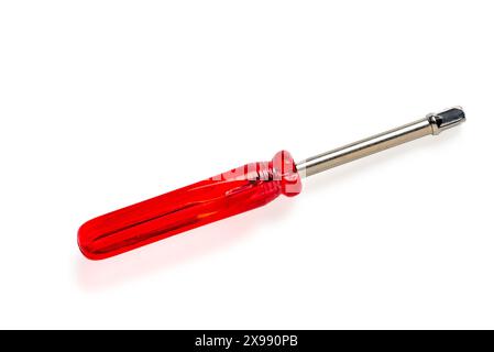 Socket wrench screw driver with red handle, metal hex nut key, hand tool screwdriver, isolated on white background Stock Photo