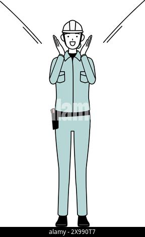 Female engineer in helmet and work wear calling out with her hand over her mouth, Vector Illustration Stock Vector