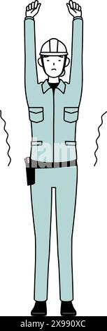Female engineer in helmet and work wear stretching and standing tall, Vector Illustration Stock Vector