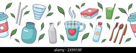 Eco friendly tableware border, frieze, edging, pattern. Zero waste Seamless border, pattern. Vector illustration Stock Vector