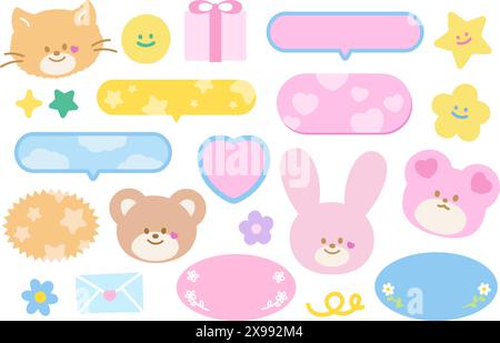 Illustrations of cute pastel elements such as teddy bear, cat, bunny, flowers, heart, star, gift box, text bubbles, love letters for animal print, ads Stock Vector