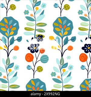 Charming seamless pattern featuring whimsical plants and flowers in bright, vibrant colors. Ideal for spring designs, textiles, and wallpapers. Captures a fresh and playful vibe with folk art influences... Stock Vector