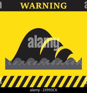 Warning symbol on yellow background with black silhouettes of big waves Stock Vector