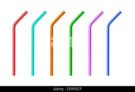 Set of reusable metal drinking straws. Realistic vector illustration isolated on transparent background. Stock Vector