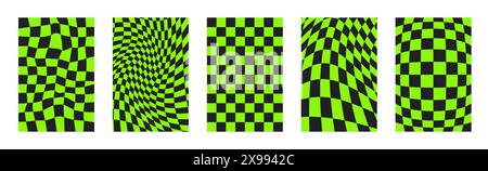 Psychedelic Checkerboard. Set of Trippy checkered wallpaper. Groovy Backgrounds. Hippie vector illustration in Y2k style. Vintage distorted geometric Stock Vector