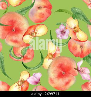Watercolor flat peaches with leaves and flowers seamless pattern isolated on green. Fruits and flowers pattern painted. Chines Fig peaches hand drawn. Stock Photo