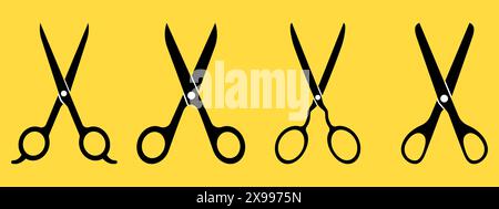 Set of black silhouette scissors on yellow background . Vector Illustration. Stock Vector